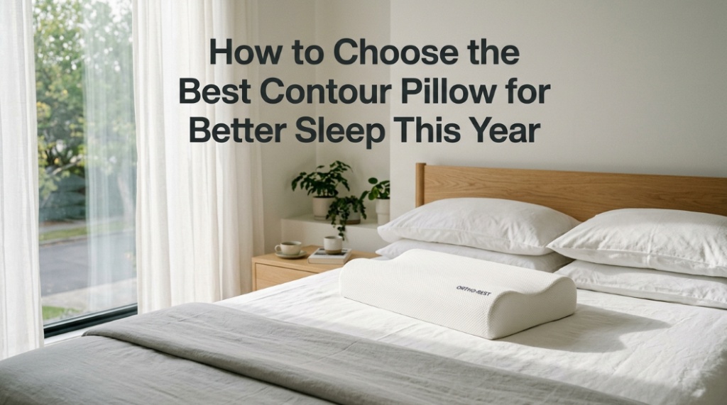 Premium orthopedic contour pillow on a sunlit bed with text overlay.