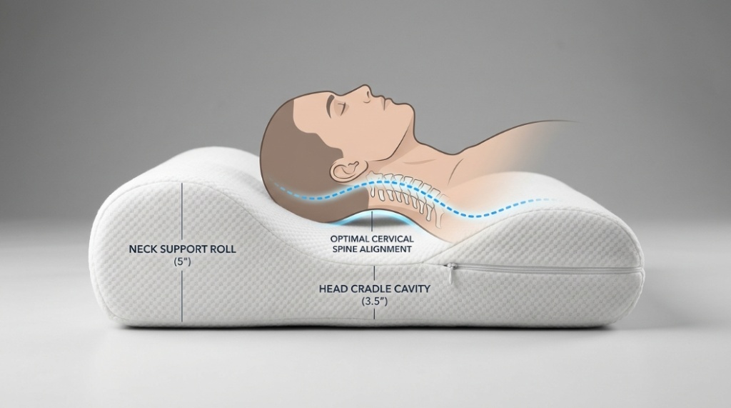 A person sleeping comfortably on their side using an ergonomic contour pillow for spine alignment.