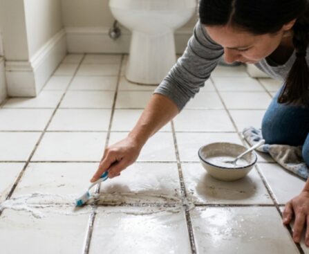 Person scrubbing tile grout lines with a soft toothbrush and baking soda paste