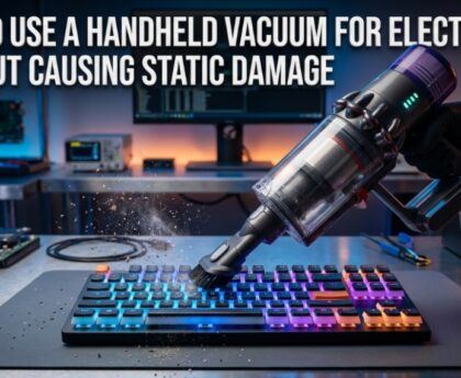 Handheld vacuum cleaning mechanical keyboard with static safety title.