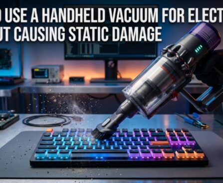 Handheld vacuum cleaning mechanical keyboard with static safety title.