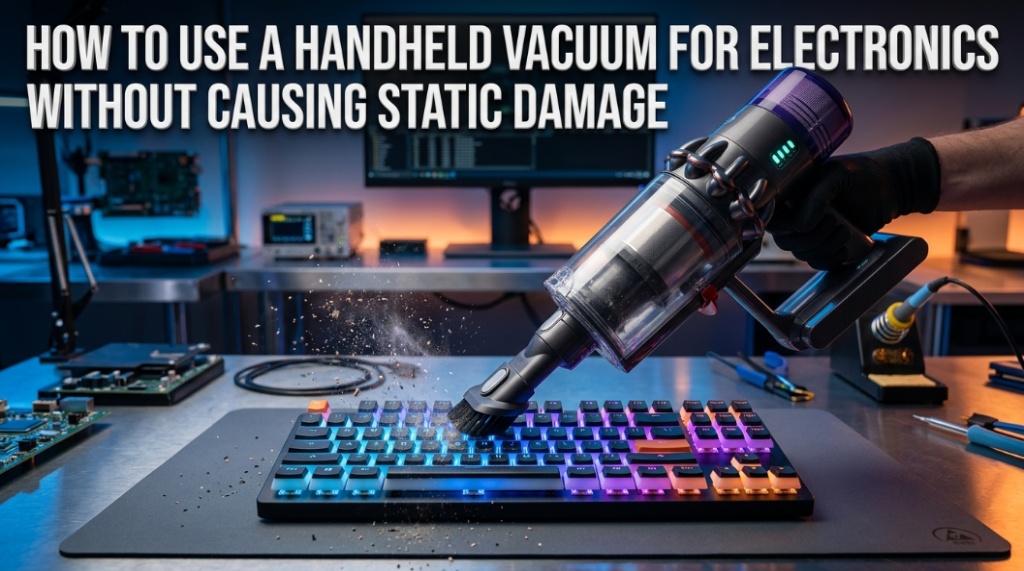Handheld vacuum cleaning mechanical keyboard with static safety title.