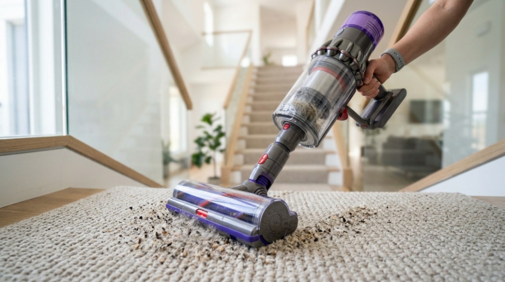 A person using a lightweight Dyson cordless vacuum to clean carpeted stairs without the hassle of cords.