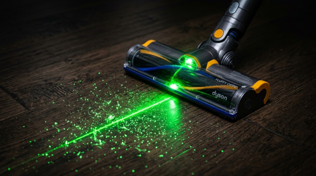 A Dyson vacuum head using green laser technology to reveal hidden dust particles on a dark wood floor.
