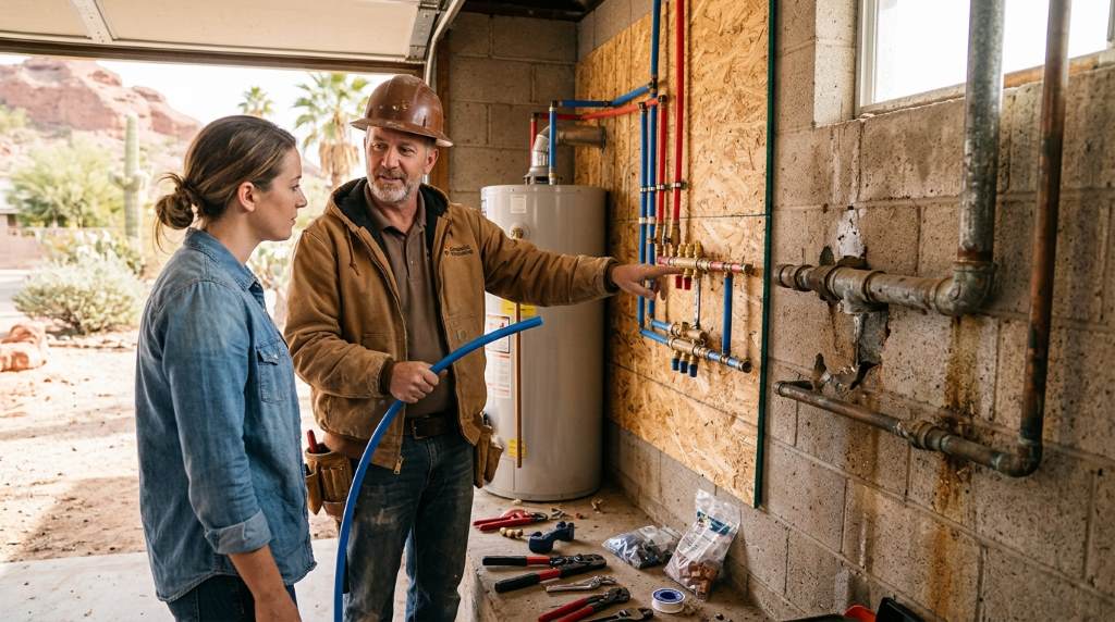 Sewer line inspection and plumbing upgrade process for an older house in Phoenix Arizona