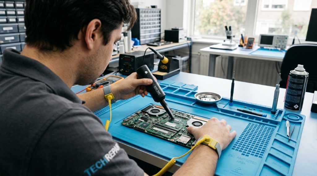 Technician using electronics vacuum with anti-static wrist strap.