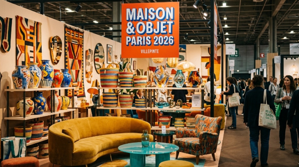 Visitors exploring a curated gallery display at the Paris Design Week Factory 2026 in the Marais District, with emerging designer collections and sculptural craft objects on show at Espace Commines