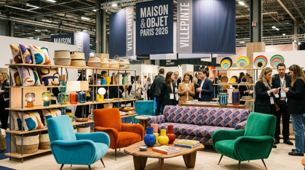 Aerial view of the Paris Nord Villepinte Exhibition Centre during Maison&Objet September 2026, with crowds of design professionals moving between seven immersive themed sectors under bright exhibition lighting