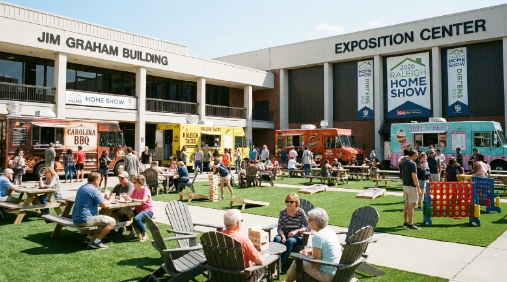 Visitors of all ages enjoying the outdoor food truck courtyard with picnic seating and yard games between the Jim Graham Building and Exposition Center at the 2026 Raleigh home show