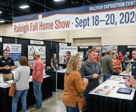 Local homeowners speaking one-on-one with HVAC and renovation contractors at exhibitor booths inside the Exposition Center at the Raleigh fall home show on September 18–20, 2026