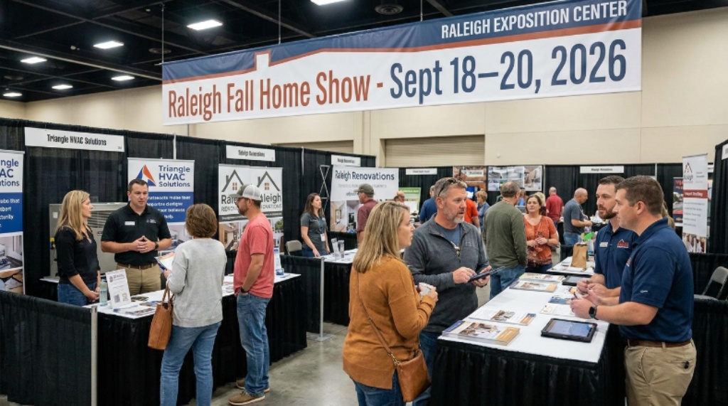 Local homeowners speaking one-on-one with HVAC and renovation contractors at exhibitor booths inside the Exposition Center at the Raleigh fall home show on September 18–20, 2026