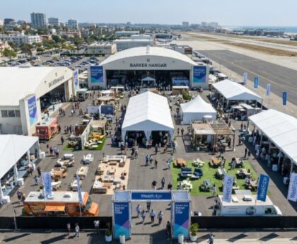 Aerial view of the Barker Hangar venue in Santa Monica set up for the WestEdge Design Fair 2026