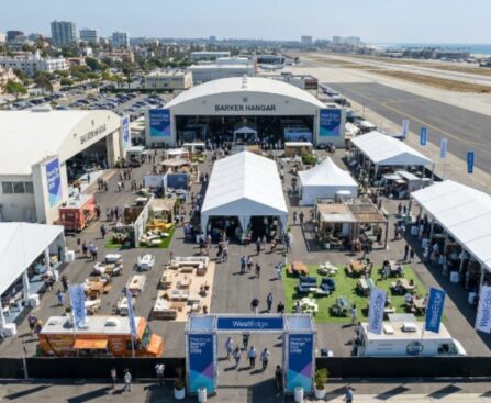 Aerial view of the Barker Hangar venue in Santa Monica set up for the WestEdge Design Fair 2026