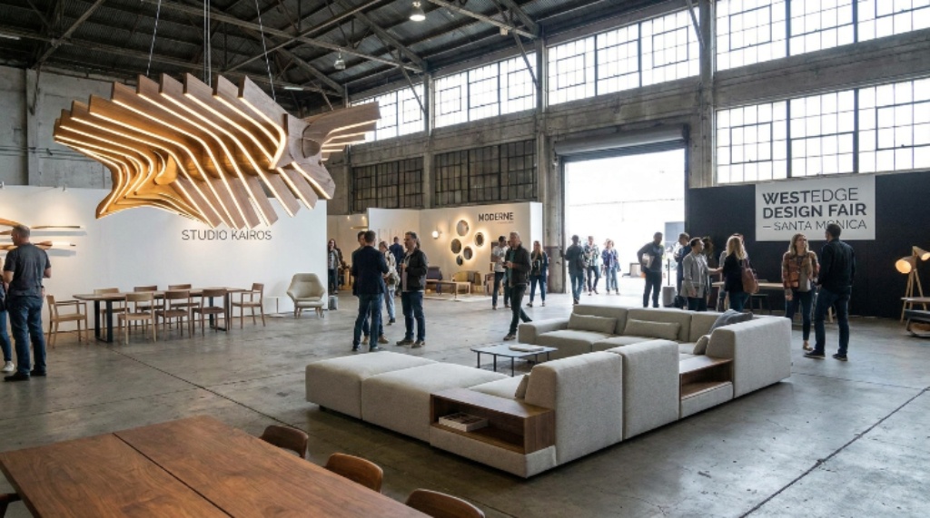 Modern furniture and lighting displays at the WestEdge Design Fair showroom floor