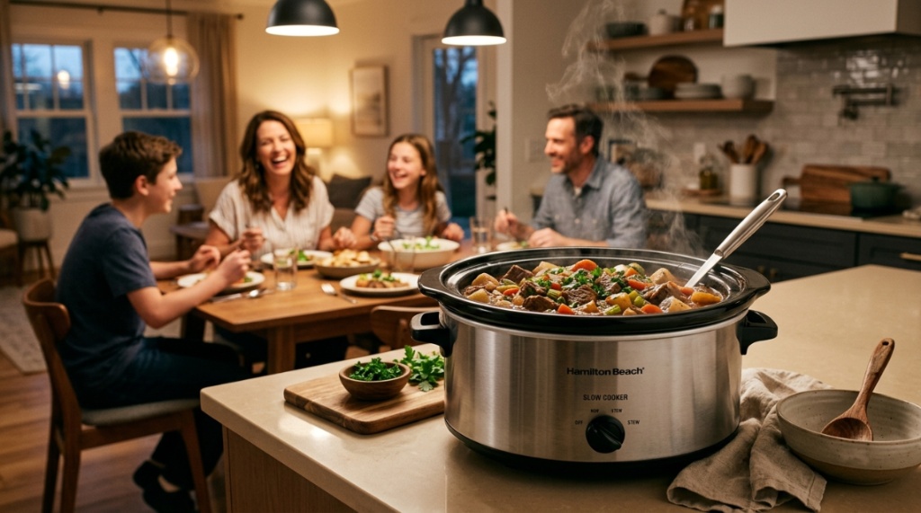 Tender pot roast served in a bowl next to a slow cooker.