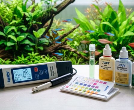 A digital aquarium testing meter next to liquid chemical test kits and paper test strips