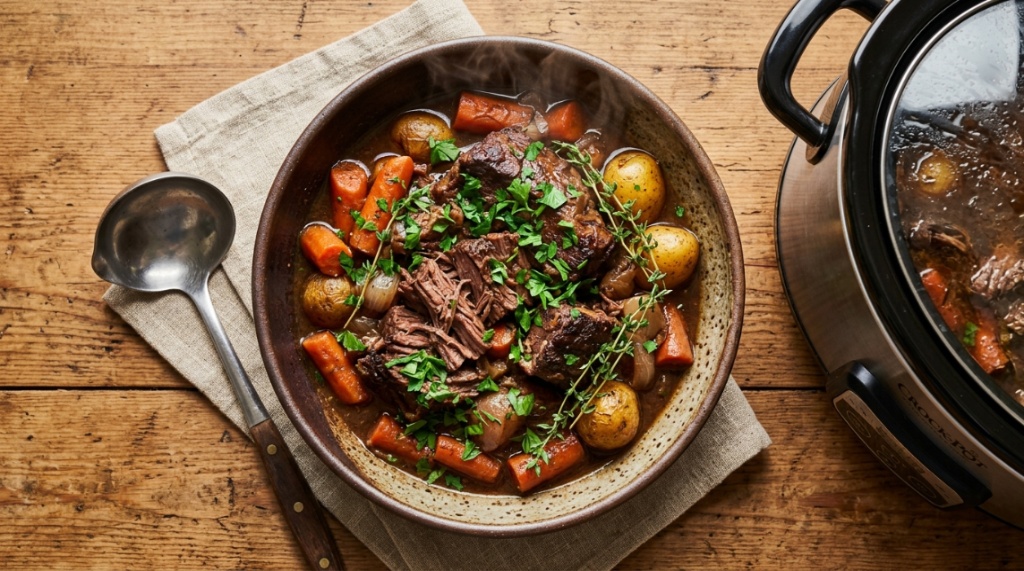 Steaming beef stew inside a stainless steel slow cooker on a kitchen counter.