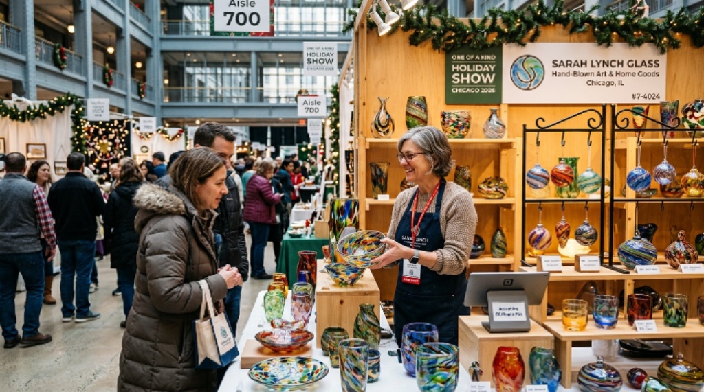 A juried artist selling hand-blown glass art and home goods at their booth at the One of a Kind Holiday Show Chicago 2026 at the Merchandise Mart