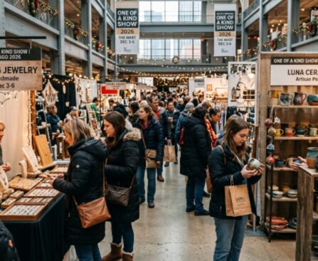Shoppers browsing handmade jewelry and ceramic gift displays at the One of a Kind Show Chicago 2026 inside The Mart on December 3 to 6