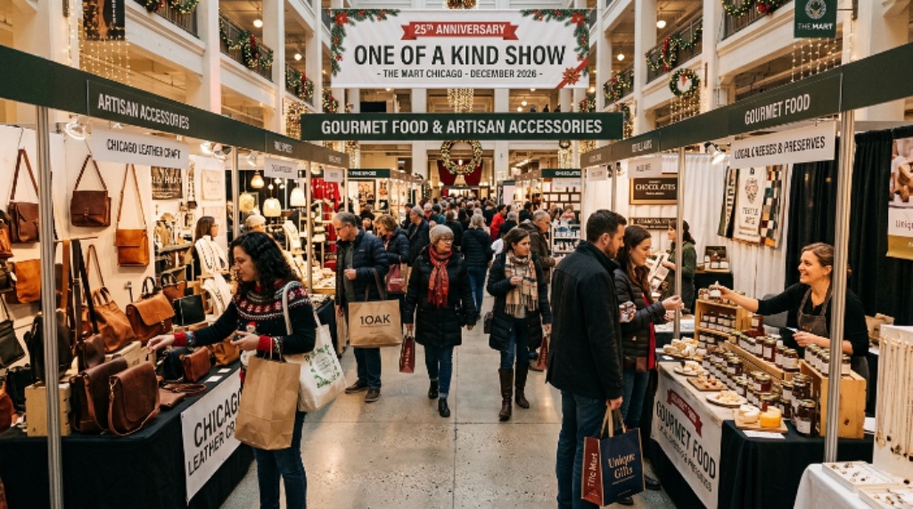 Holiday shoppers exploring the gourmet food and artisan accessories section at the 25th anniversary One of a Kind Show at The Mart in Chicago in December 2026