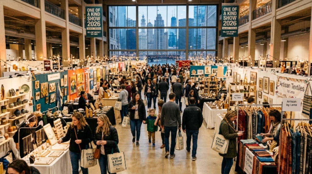 Shoppers walking through the One of a Kind Show 2026 on the 7th floor of THE MART in Chicago, browsing handmade gifts from hundreds of artists and makers