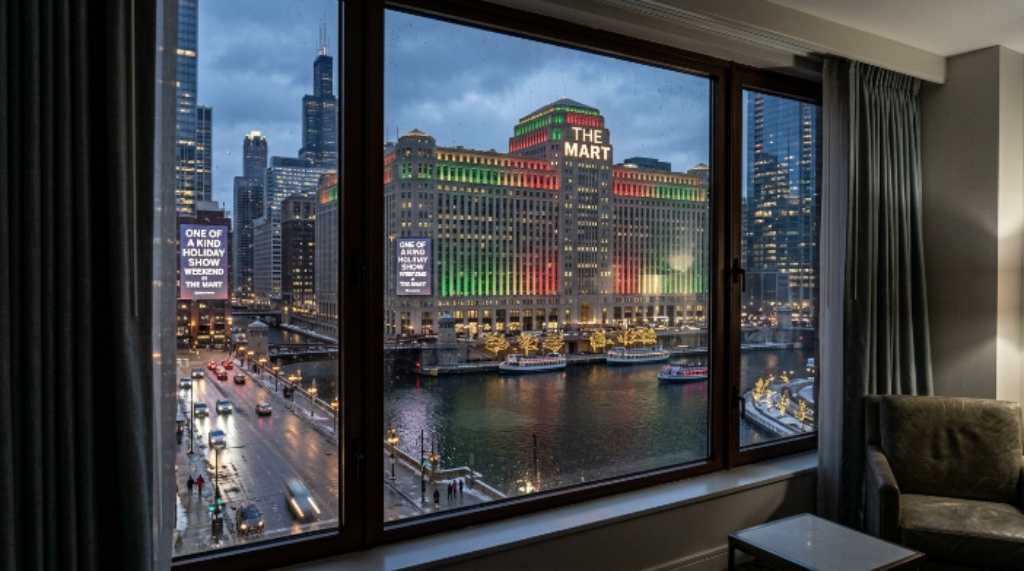 View of the Chicago River and THE MART from a nearby hotel room window during the One of a Kind Holiday Show weekend in December 2026