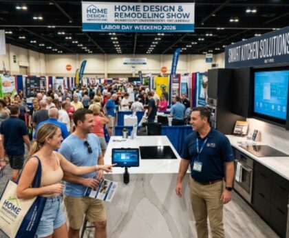 Homeowners and contractors exploring kitchen remodeling and smart home technology displays at the Home Design and Remodeling Show at the Broward County Convention Center in Fort Lauderdale during Labor Day Weekend 2026