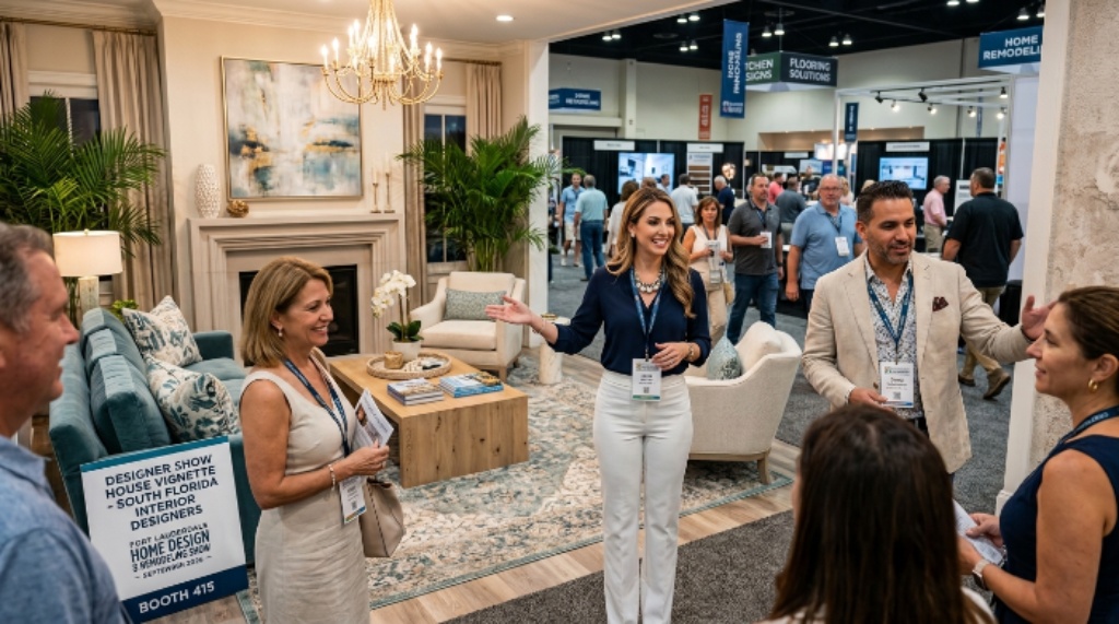 South Florida interior designers presenting a fully staged Designer Show House vignette to visitors at the Fort Lauderdale Home Design and Remodeling Show in September 2026