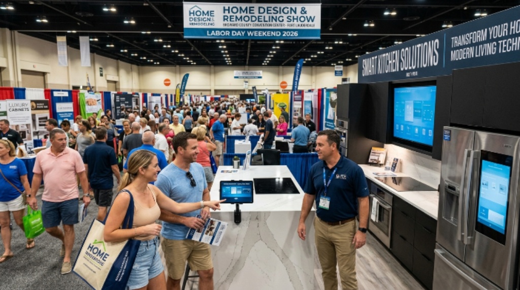 Homeowners and contractors exploring kitchen remodeling and smart home technology displays at the Home Design and Remodeling Show at the Broward County Convention Center in Fort Lauderdale during Labor Day Weekend 2026