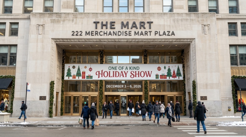 The exterior entrance of THE MART at 222 Merchandise Mart Plaza in Chicago, venue for the One of a Kind Holiday Show from December 3 to 6, 2026