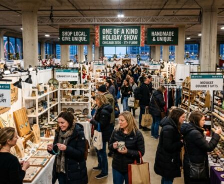 Shoppers browsing handmade jewelry, ceramics, and gourmet gifts at the One of a Kind Holiday Show 2026 on the 7th floor of the Merchandise Mart in Chicago