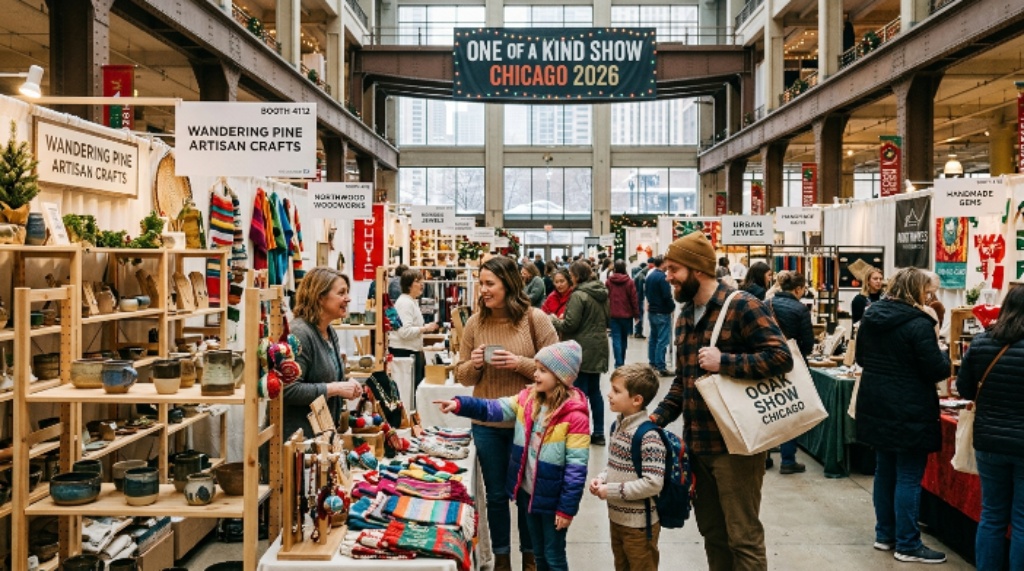 A family exploring artisan booths and handcrafted holiday gifts at the One of a Kind Show Chicago 2026 inside the historic Merchandise Mart