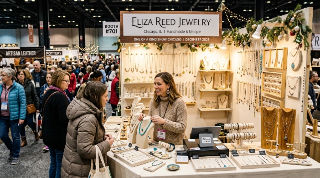 Handmade jewelry artist booth at One of a Kind Show Chicago December 2026