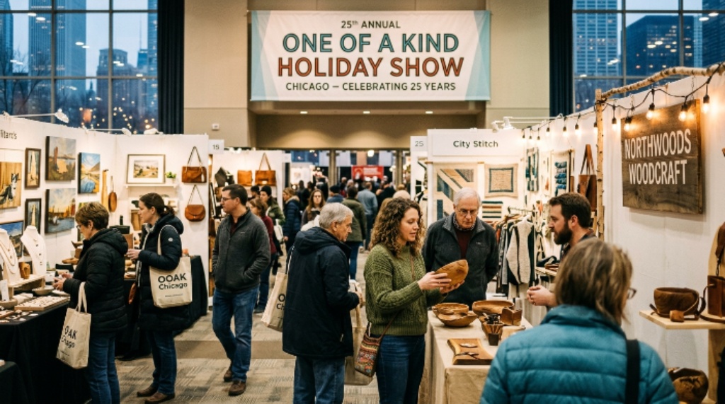Shoppers browsing handcrafted gifts at 25th annual One of a Kind Holiday Show Chicago