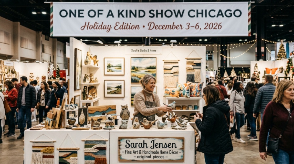 An artist selling original handmade home décor and fine art at the One of a Kind Show Chicago during the December 3–6, 2026 holiday edition