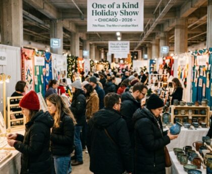 Shoppers browsing handmade jewelry and ceramics at the One of a Kind Holiday Show 2026 on the 7th Floor of the Merchandise Mart in Chicago, Illinois