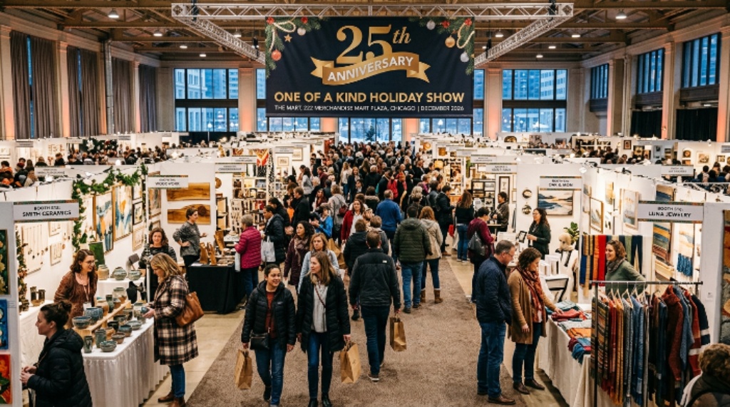Hundreds of visitors exploring artist booths at the 25th anniversary One of a Kind Holiday Show at THE MART, 222 Merchandise Mart Plaza, Chicago, December 2026