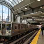 CTA Brown Line train arriving at Merchandise Mart station inside theMART Chicago