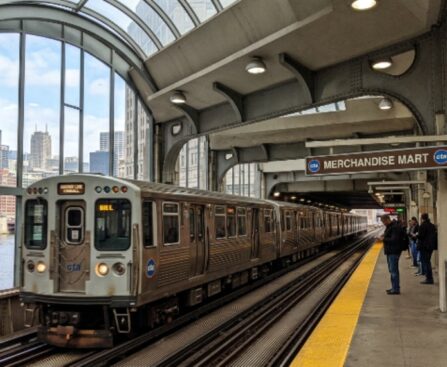 CTA Brown Line train arriving at Merchandise Mart station inside theMART Chicago