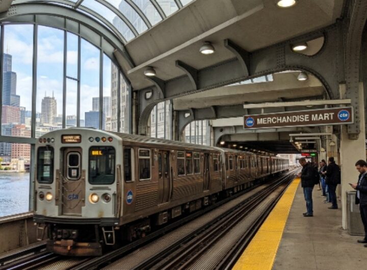 CTA Brown Line train arriving at Merchandise Mart station inside theMART Chicago
