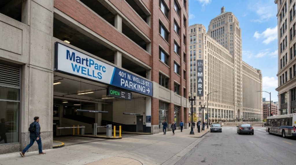 MartParc Wells parking garage entrance near theMART Chicago Merchandise Mart Plaza