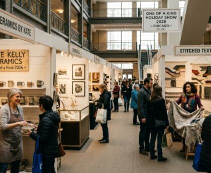 Artists and makers displaying original handmade work in hard-wall booths at the One of a Kind Holiday Show 2026 inside the Merchandise Mart in Chicago