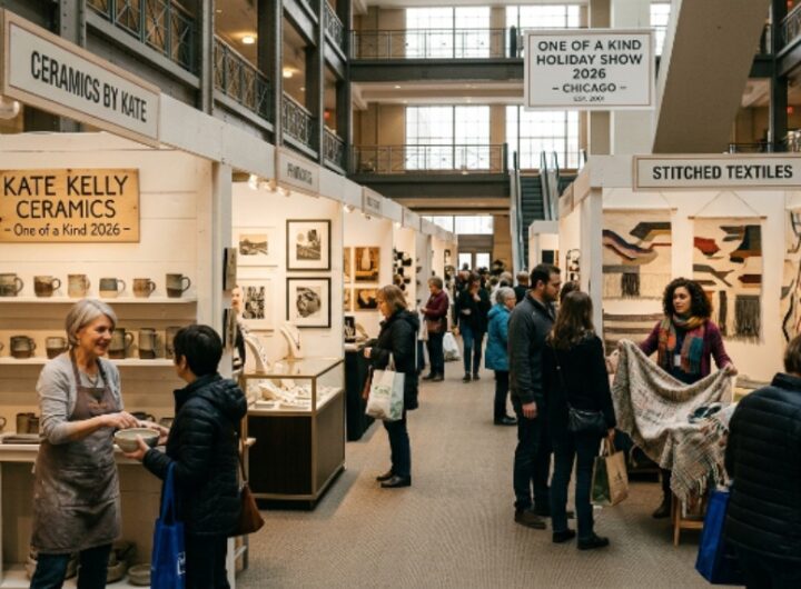Artists and makers displaying original handmade work in hard-wall booths at the One of a Kind Holiday Show 2026 inside the Merchandise Mart in Chicago