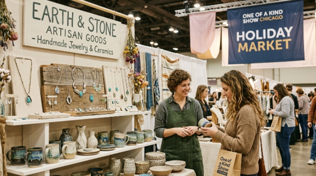 Sustainable handmade jewelry and ceramics displayed at One of a Kind Show Chicago