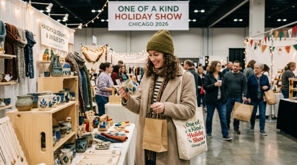 Shopper browsing handmade goods at One of a Kind Holiday Show Chicago 2026