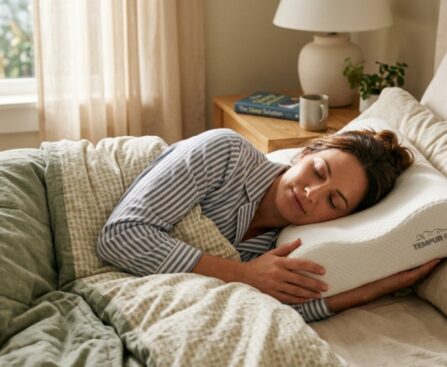 An ergonomic cervical support pillow resting on a modern bed in a sunlit bedroom.
