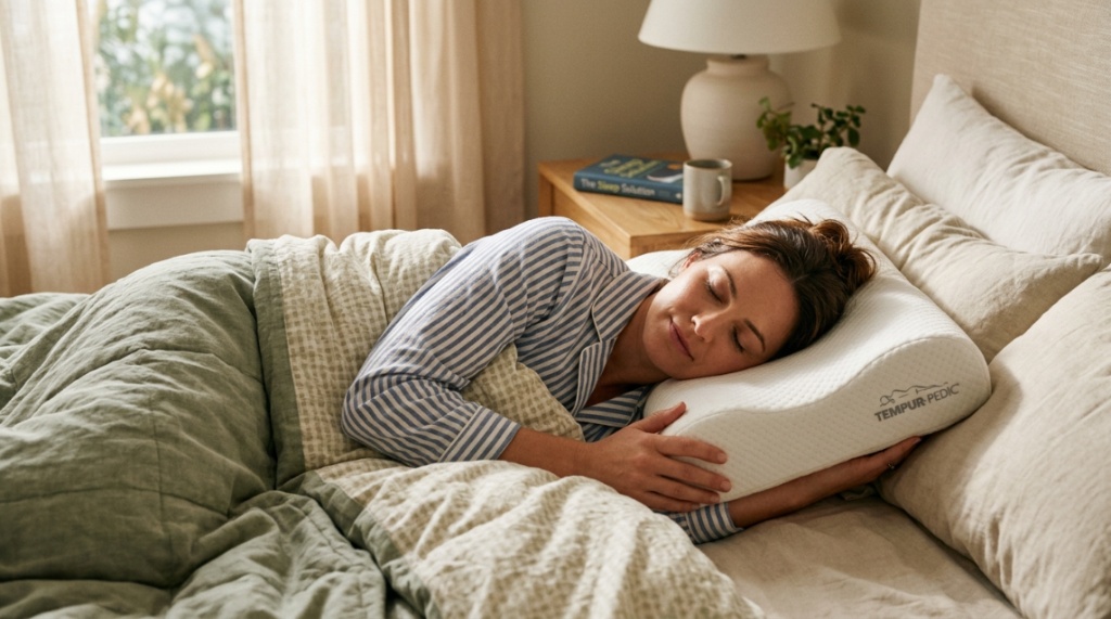 An ergonomic cervical support pillow resting on a modern bed in a sunlit bedroom.