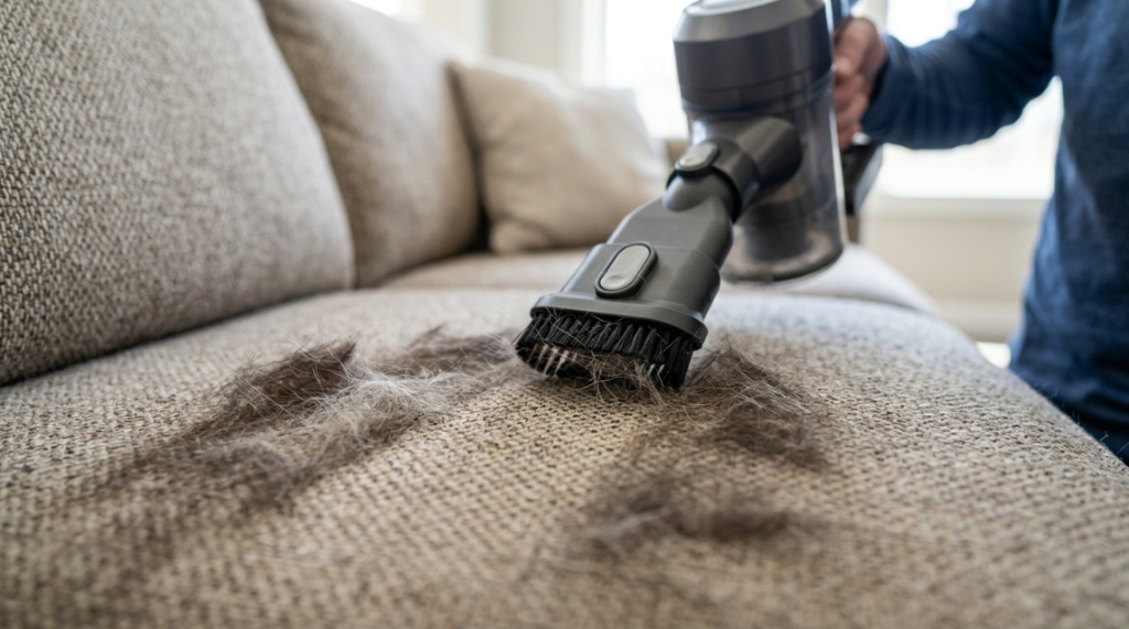 Handheld vacuum nozzle removing thick pet hair from sofa upholstery.
