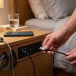 Modern nightstand with a built-in charging station holding a smartphone.
