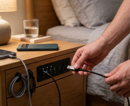Modern nightstand with a built-in charging station holding a smartphone.